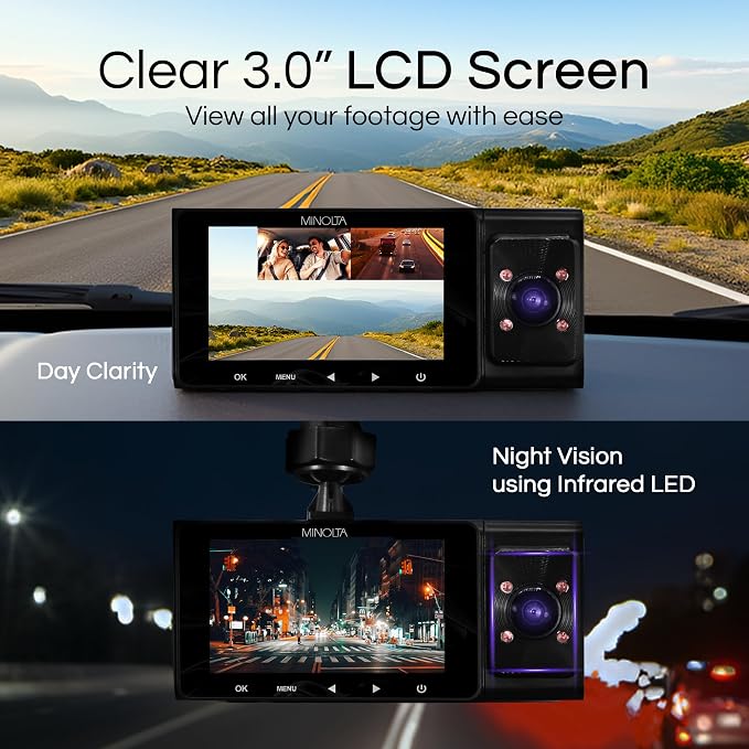 Dash Camera – 3-Channel 1080P Car DVR with Rear & Interior Cam, Night Vision, 3.0” LCD Screen, G-Sensor, Loop Recording, Parking Monitor, Motion Detection, 32GB Card (Blue)