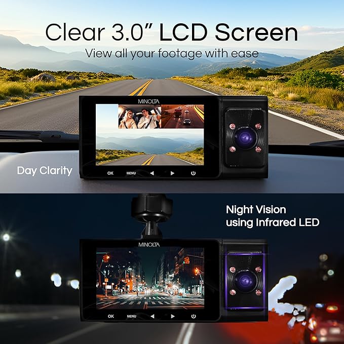 Dash Camera – 3-Channel 1080P Car DVR with Rear & Interior Cam, Night Vision, 3.0” LCD Screen, G-Sensor, Loop Recording, Parking Monitor, Motion Detection, 32GB Card (Black)