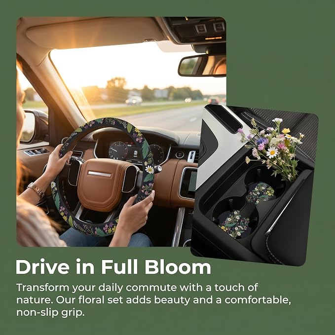 Wildflower Car Steering Wheel Cover Flowers Wildflower Steering Wheel Cover for Women Cute Anti-Slip Universal Breathable 14-15-in 2 Car Cup Coasters for Women