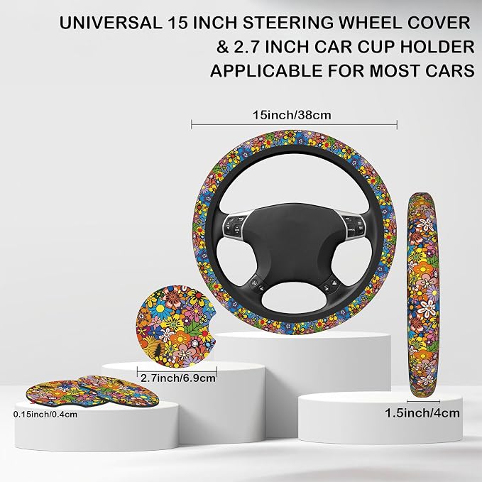 Bright Hippie Flower Steering Wheel Cover for Women, Anti-Slip Car Steering Wheel Cover with 2 Pcs Cup Holders Neoprene Breathable Car Accessories Universal 15 Inch Auto Interior Decor