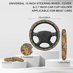 Bright Hippie Flower Steering Wheel Cover for Women, Anti-Slip Car Steering Wheel Cover with 2 Pcs Cup Holders Neoprene Breathable Car Accessories Universal 15 Inch Auto Interior Decor