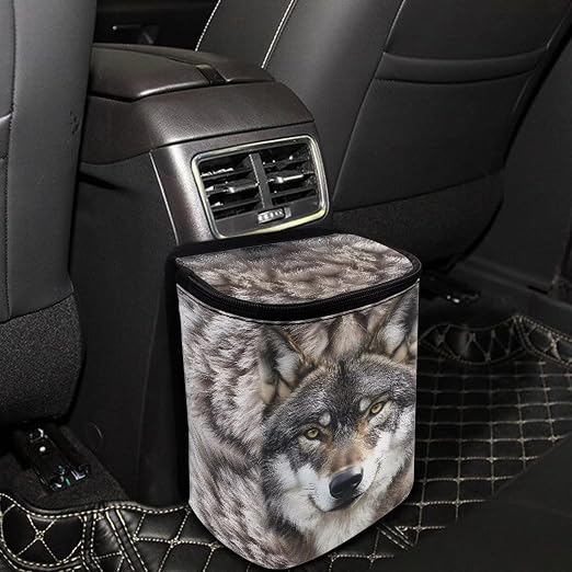 Wolf Print Car Trash Can with Lid, Leak Proof Auto Trash Bag Hanging Vehicle Garbage Can Multipurpose Storage Container for Back Seat Road Trip