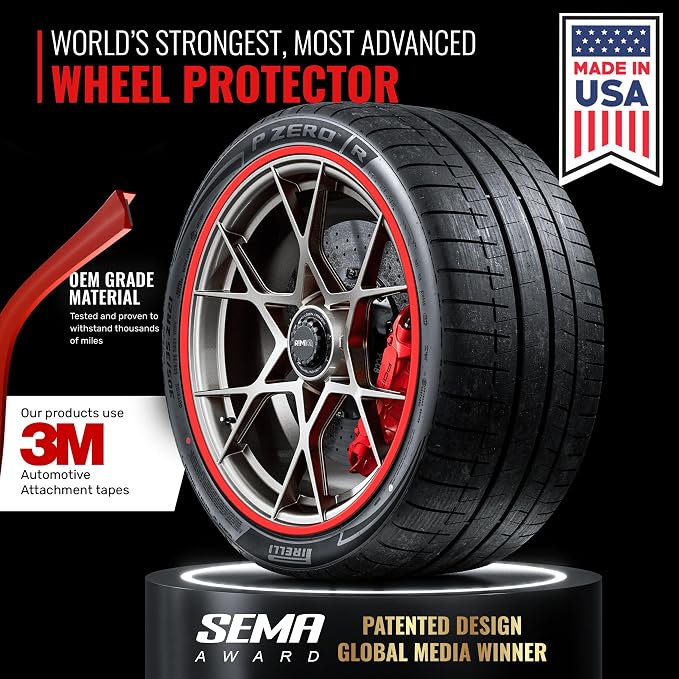 PROTECTiQ PRO Universal Rim Protection Trim - Curb Rash Guard with Award-Winning Patented Design and Premium 3M Tape - Fits Up to 4X 24 Wheels, Cars, Trucks, SUVs - Red