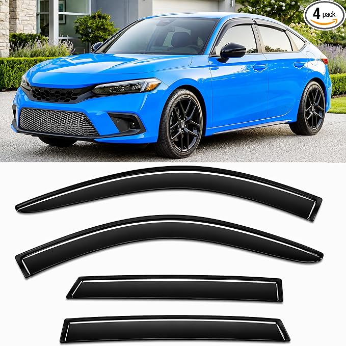 2022-2026 Tape-On Rain Guards for Honda Civic Hatchback Side Window Visor Deflectors HB LX Sport Touring EX-L Tinted Vent Shades Protectors 2023 2024 2025