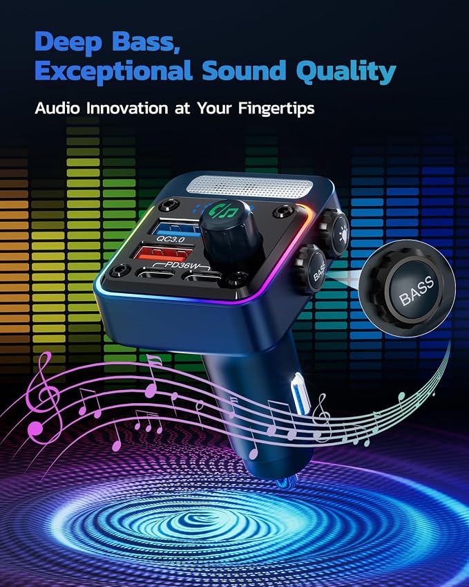 54W Bluetooth 5.3 Car Adapter with 4 Charging Ports [PD 36W & QC3.0 18W], Wireless Radio FM Transmitter with Deep Bass Player & 5 Colors LED Backlit, Hands-Free Calling - Blue