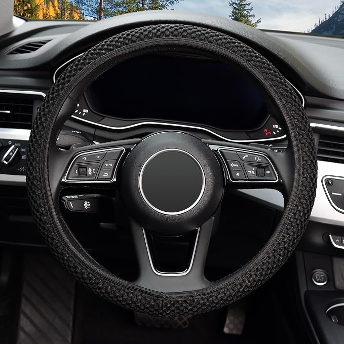 Elastic Stretch Steering Wheel Cover,Warm in Winter and Cool in Summer, Universal 15 inch, Microfiber Breathable Ice Silk, Anti-Slip, Odorless, Easy Carry,Black