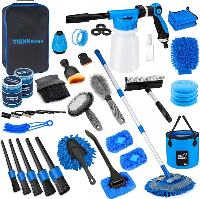 Car Wash Kit, Car Detailing Kit with Foam Gun, Car Wash Brush Mop and Large Folding Bucket Suitable for Car Cleaning, Blue Car Wash Set Gift for Men and Women