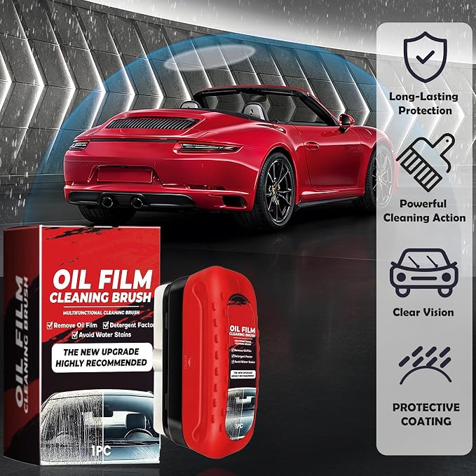 New Automotive Oil Film Cleaning Brush,Oil Film Remover for Car Windshield, Glass Cleaning Board, Universal Anti-Rain Fog Cleaning Glass Brush (3-Red)