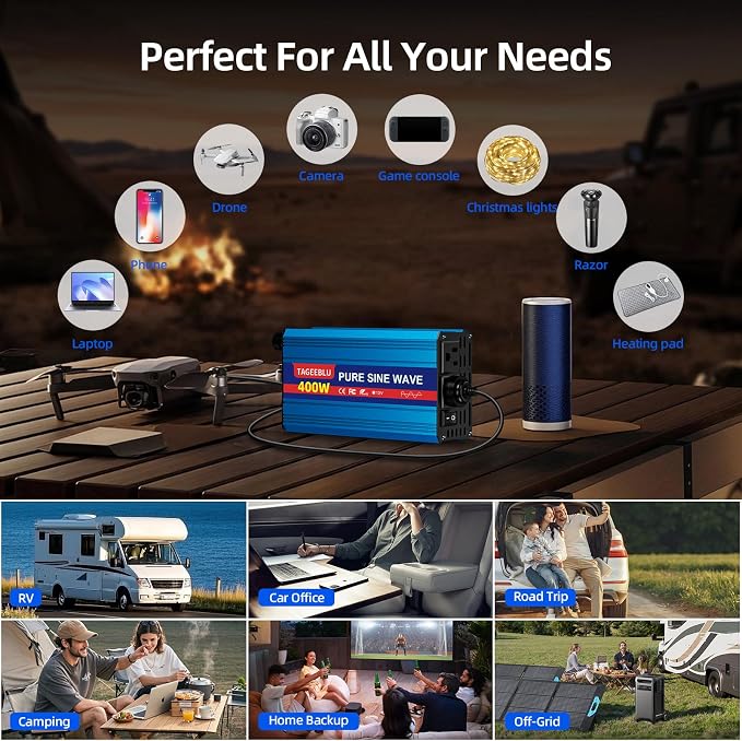 400W Pure Sine Wave Power Inverter 12V DC to 110V 120V AC for Vehicles | Car Cigarette Lighter Adapter inverter with 2 AC Outlets, Converter for Car with LCD Display for Solar RV Truck Home Camping