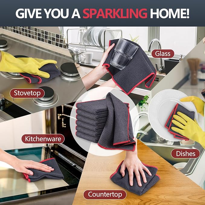 Airlab Glass Polishing Cloth Streak Free Miracle Cleaning Cloth Lint Free Microfiber Cleaning Rags for Glasses Kitchen Dish Mirrors Easy Clean, Pack of 6,12 x 12 Inches, Grey-red