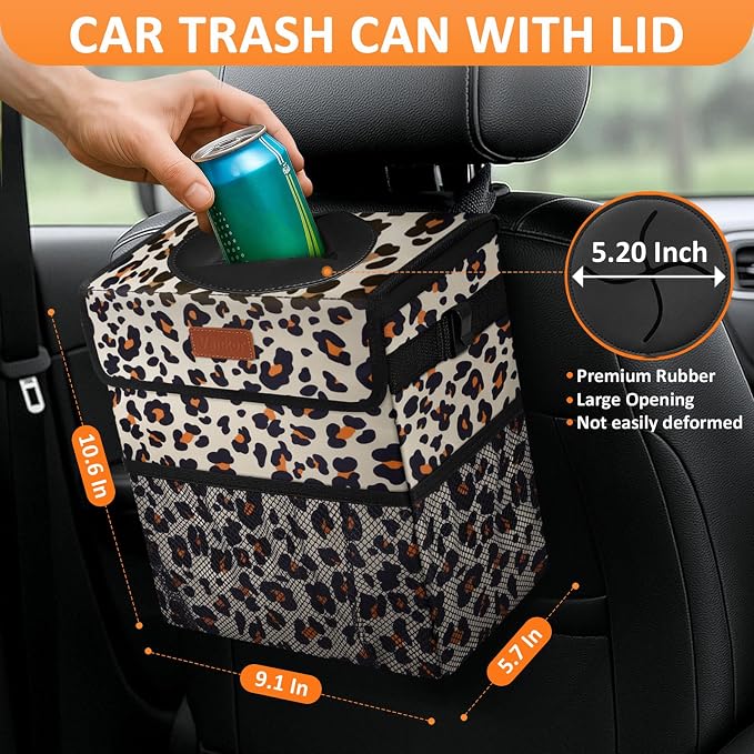 Cute Car Trash Can, Car Accessories for Women Interior Can Trash Bag Hanging Automotive Garbage Cans Leopard Pattern