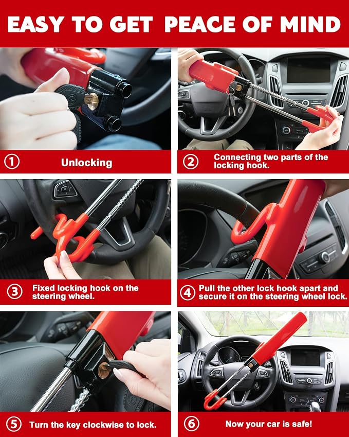 Steering Wheel Lock Anti-Theft Car Device Heavy Duty Security Car Lock Antitheft Locking Devices Great Deterrent Adjustable Car Wheel Lock Anti Theft for Vehicle Truck SUV with 3 Keys (Red)