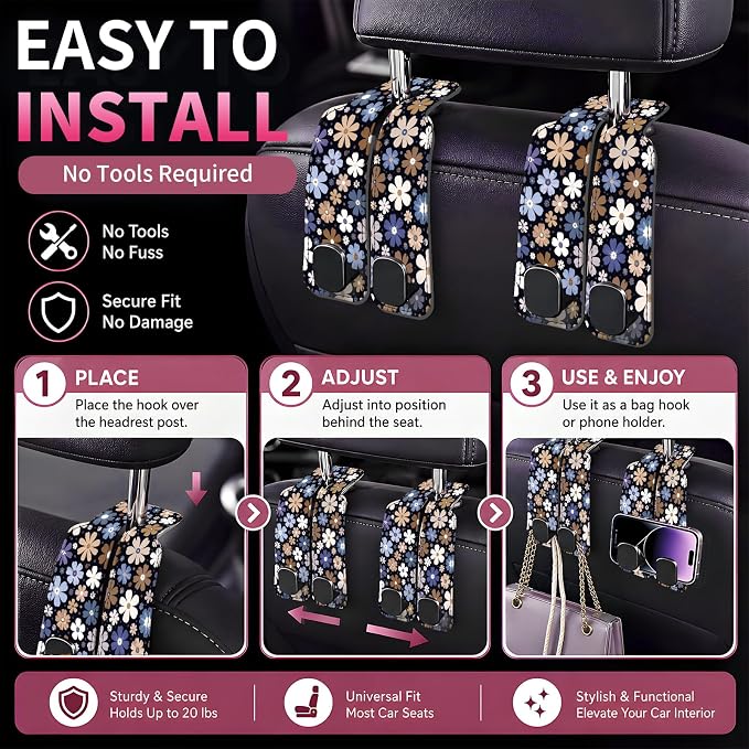 Car Seat Back Storage Hook, Funny Car Purse Hook, Cute Vehicle Storage Organizer for Purses Handbags Cute Daisy Floral