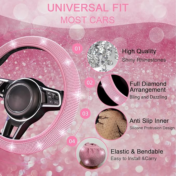 8 pcs Pink Bling Car Accessories Set for Women, Steering Wheel Cover, Sparkly Seat Belt Covers, Bling Gear Shift Cover, Universal Fit Most Cars (All Pink Diamond)