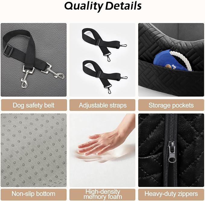 Dog Car Seats for Small Medium Dogs, Wipe Clean Waterproof Detachable PU Leather Cover, Thickened 2 inch Memory Foam Pet Car Seat with Safety Belt and Storage Pockets(No Cushion)