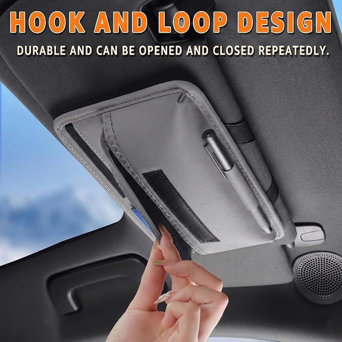 Car Visor Organizer – Sun Visor Storage Pouch Holder for Vehicle Truck SUV, PU Leather Auto Interior Accessories for Registration Document, Gas Card & Sunglasses, Universal Fit (Gray)