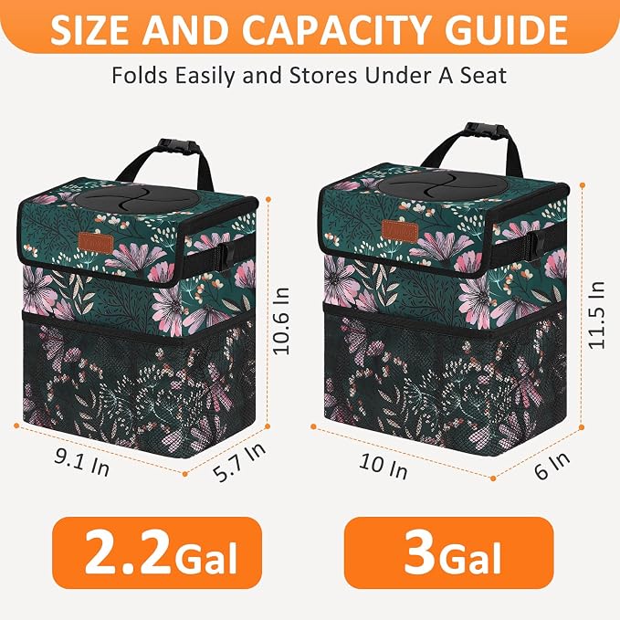 Car Trash Can for Car Cute, Bag Bin Hanging Waterproof Automotive Garbage Cans Leak Proof Vehicle Trash Can Navy Floral