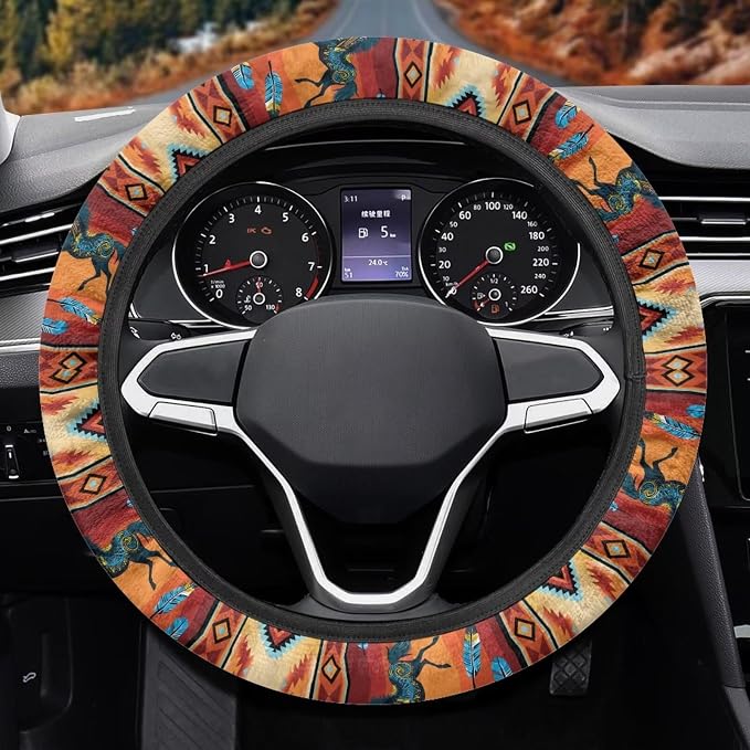 Auto Steering Wheel Cover for Women Men, Universal 15 Inch Soft Elastic Steering Wheel Wrap Anti-Slip Easy to Install Car Accessories, Aztec Geometric Horse Orange