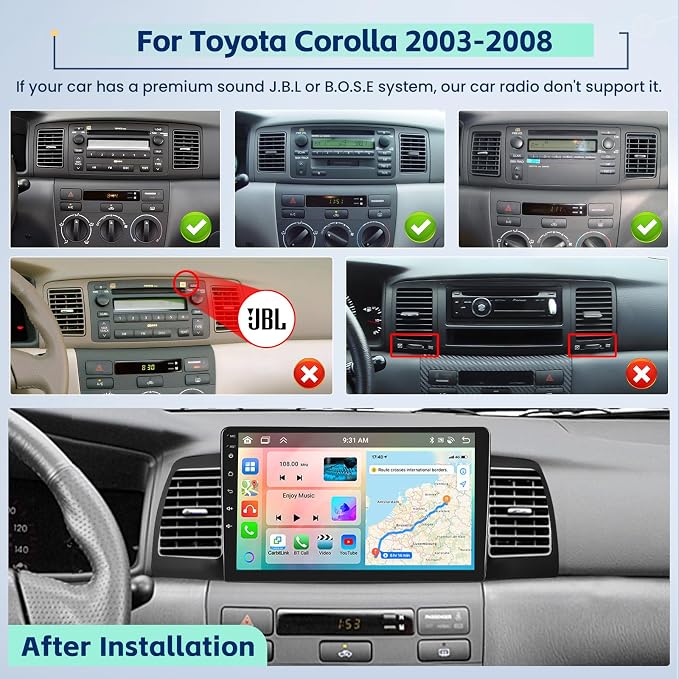 5Ghz WiFi 8Core 4G+64G Android 15 Car Radio for Toyota Corolla EX 2005-2012 Car Stereo with Wireless Carplay Android Auto, 9 Inch HD Touchscreen with GPS Bluetooth5.0 FM/RDS EQ SWC Backup Camera