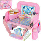 Kids Travel Tray, Car Seat Table Tray, Road Trip Essentials with Educational Drawing Board, Tablet Holder & Cooler Cup Holder, Travel Table for Kids Gifts in Car, Airplane, Multicoloured