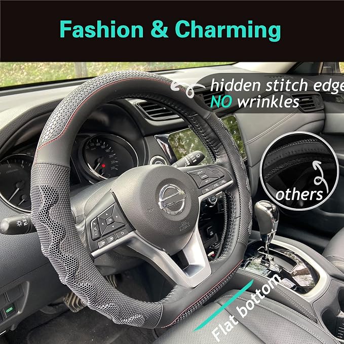 D Shaped 14 Inch Small Sized Steering Wheel Cover Great Grip with 3D Honeycomb Anti-Slip Design, Flat Bottom 14 Inch (Black/Red Stitch)