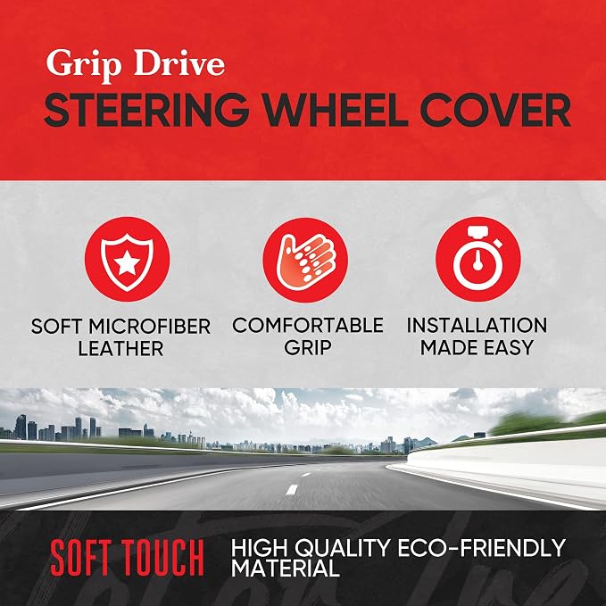 GripDrive Gray Carbon Fiber Steering Wheel Cover, Standard 15 inch Size, Black Faux Leather Comfort Grip, Car Steering Wheel Cover for Auto Truck Van SUV