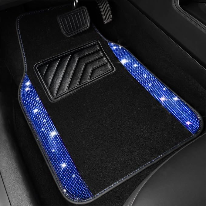 Bling Diamond Leather Steering Wheel Cover 14.5in-15in Floor Mats Shining Rhinestone Carpet Sparkly Glitter Crystal Anti-Slip Pad Fit Automotive SUV Pickup Truck Girl Women, 5pcs Black Blue