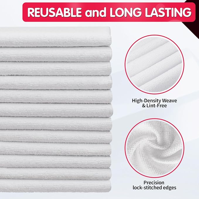 White Microfiber Cleaning Cloth, Pack of 100, 11.5"X11.5" Cleaning Rags for Housekeeping and Kitchen, Reusable Shop Towels, Microfiber Towels for Cars, Lint Free, Scratch-Free