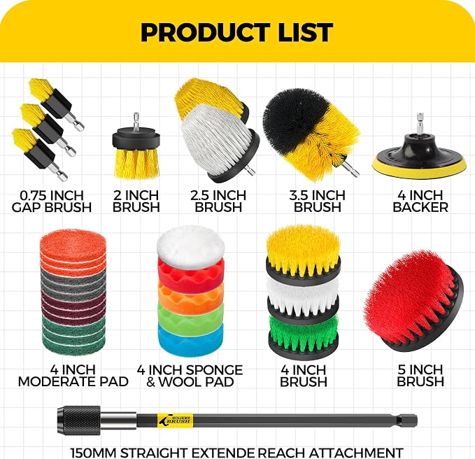 30Pack Drill Brush Attachments Set,Scrub Pads & Sponge, Power Scrubber Brush with Extend Long Attachment All Purpose Clean for Grout, Tiles, Sinks, Car Polishing Pads,Bristle Discs