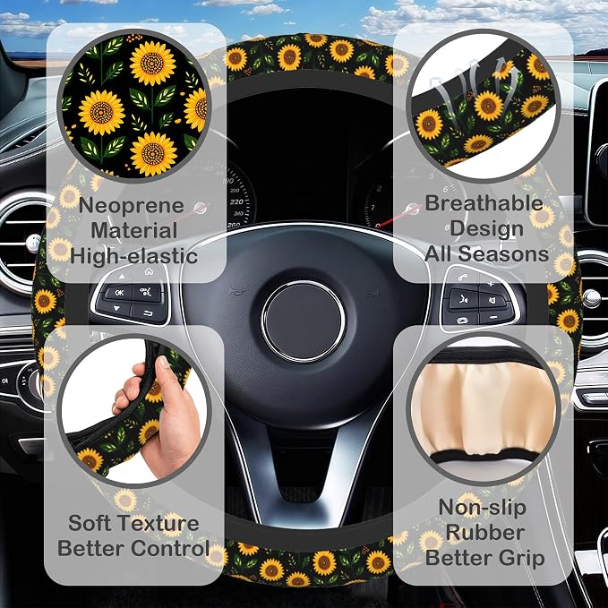 Yellow Sunflower Steering Wheel Cover for Women, Anti-Slip Car Steering Wheel Cover with 2 Pcs Cup Holders Neoprene Breathable Car Accessories Universal 15 Inch Auto Interior Decor