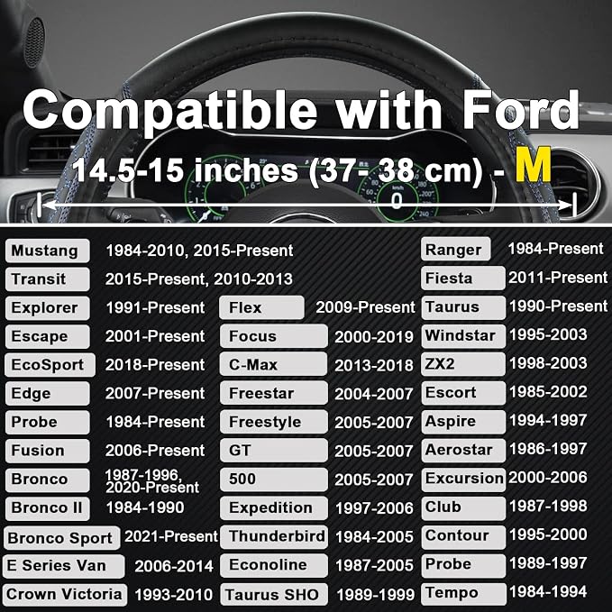 Car Steering Wheel Cover for Ford Escape,Explorer,Fusion,Focus,Bronco,Transit,Edge(Diamond Quilted - Black+Blue- Standard Size)