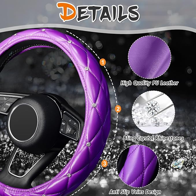 Diamond Soft Leather Steering Wheel Cover with Bling Bling Crystal Rhinestones, Universal 15 inch, Purple
