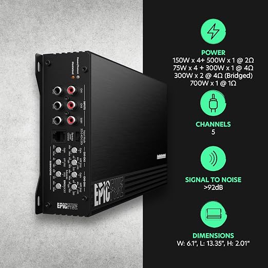 EPICFIVE 5-Channel Amplifier Car Audio 1100W RMS, Compact Digital Class D, Includes Bass Knob, High/Low Pass & Subsonic Filter, Epic Bass Boost, Smart Auto Protection, Epicenter Link