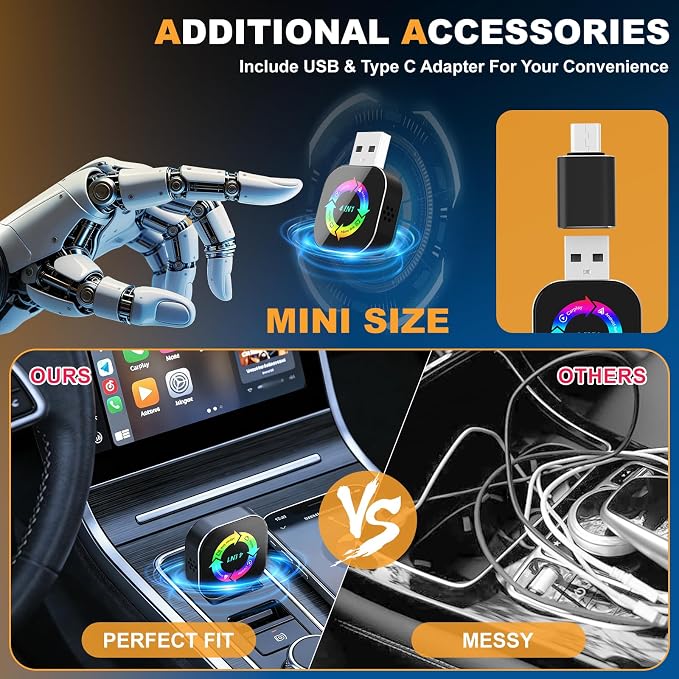 2026 Upgraded Wireless Carplay Adapter, 4 in 1 Screen Mirroring Support Mirror Link/AirPlay for Apple CarPlay & Android Auto, Mini USB/Type-C Plug & Play Car Play Adapter, Wired to Wireless