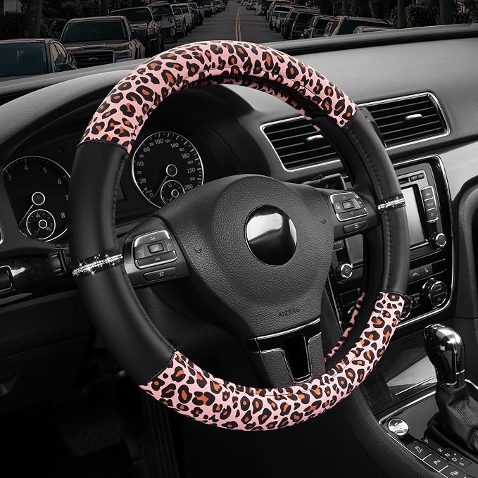 Leopard Steering Wheel Cover for Women, Cute Anti-Slip Microfiber Leather, Fits 14.5-15 Inch Steering Wheel 14.5-15 Inch - Black and Pink Cheetah
