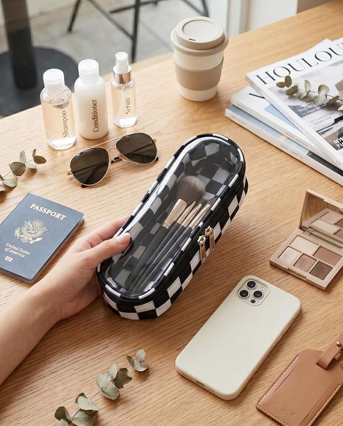 Preppy Checkered Clear Travel Makeup Brush Holder,Black and Beige Checkered Makeup Brush Toiletry Bag, Portable Cosmetic Brush Case,Transparent Waterproof Makeup Brush Storage Bag