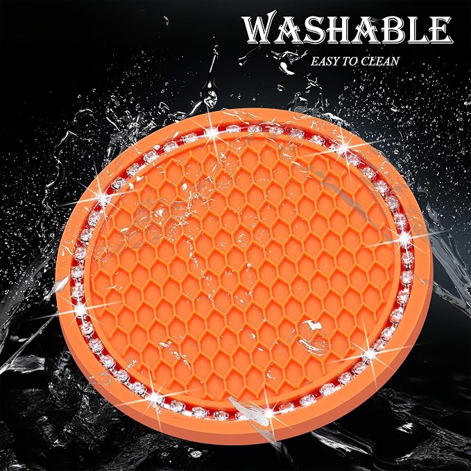 2PCS Bling Cup Holder Coaster, 2.75 Inch Auto Car Cup Holder Insert Coasters, Soft Silicone Anti-Slip Shockproof, Universal Vehicle Interior Accessories for Women Girls (Orange & White)