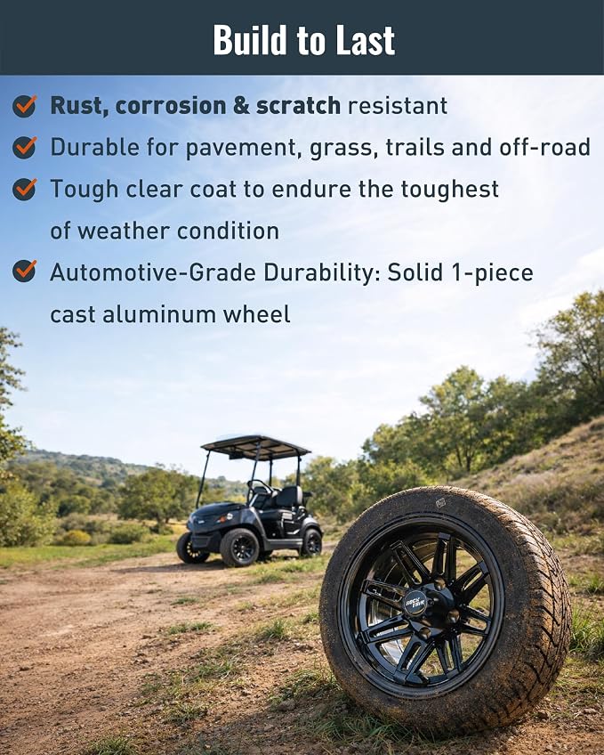 12 inch Golf Cart Wheel Tire Combo Kit, RT103 Gloss Black 12x7 Rim 215/40-12 Low Profile Tire, No Lift Kit Required, Fits Club Car Precedent EZGO TXT RXV Yamaha G1-G29, One Single