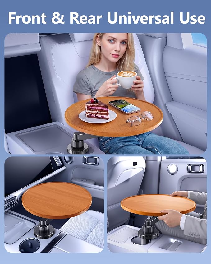 Wood Car Cup Holder Tray Table for iPad Laptop Food, 360 Swivel Car Desk for Working & Eating, Easy Mounting Car Road Trip Essentials for Tesla Model 3 Y Sedan SUV Pickup Semi Truck RV