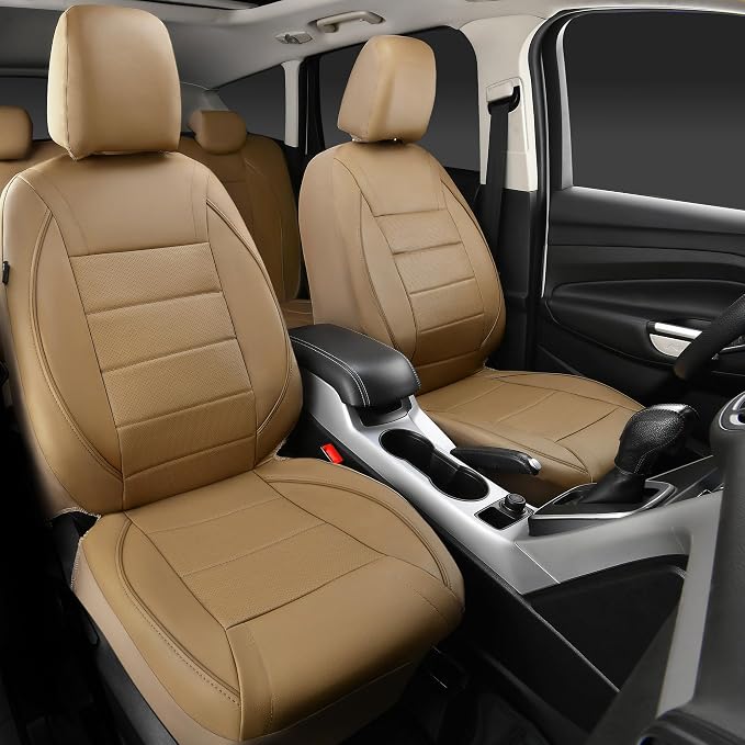 Piping Leather Seat Cover,Universal FIT with Composite Sponge Inside,Airbag Compatible and Reserved Opening Holes,Inside zipper for Cars,Sedan,SUV,Truck(Full Set,Beige with Tan Piping-Stripe)