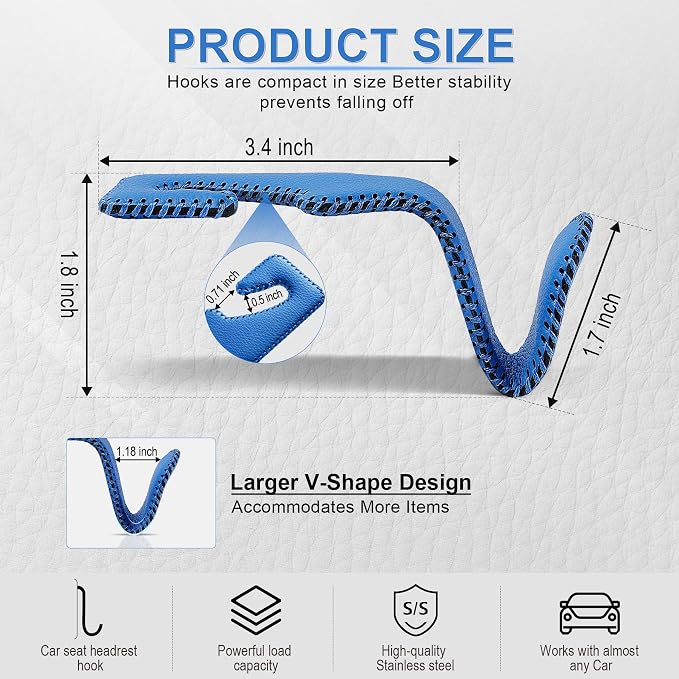 Blue Superior Leather Car Seat Back Headrest Hook, Auto Seat Hook Hangers Interior Accessories for Purse Coats Umbrellas Grocery Bags Handbag, 2-Pack