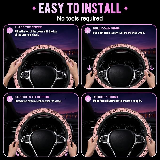 Pink Butterfly Leopard Print Steering Wheel Cover for Women Men Neoprene Breathable Wheel Cover Protector Anti-Slip Car Accessories Universal 15 Inch Fit for Cars Trucks Vehicles