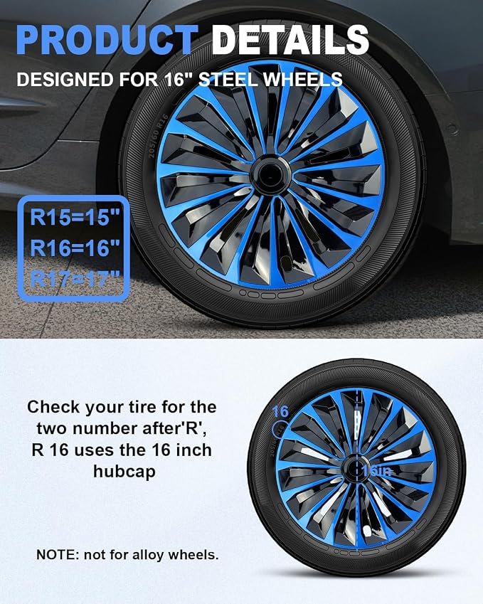 Hubcaps,16 inch hubcaps Set of 4, Wheel Rim Cover ABS Material, Snap On Car Truck SUV Replacement, for Toyota Camry Nissan Mazda etc, Black&Blue