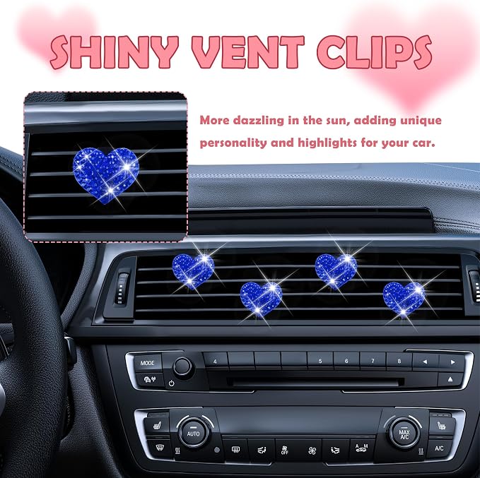4PCS Heart-Shaped Car Vent Clips with Rhinestone,Bling Air Vent Clips Car Decorations,Premium Shiny Car Clips for Vents Accessories Interior (Royal Blue)