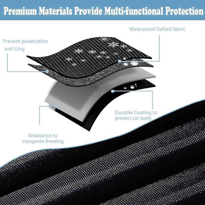 Car Windshield Snow Cover for Ice and Snow- Durable 600D Oxford Fabric with Side Mirror Covers Ice Scrapers Waterproof Windproof Dustproof Windshield Covers Universal Fit for Most Vehicle
