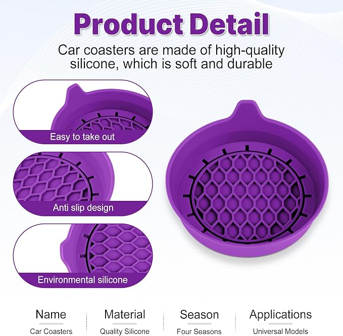 Car Cup Holder Coaster, Silicone Cup Holder Insert, Universal Non-Slip Cup Holders, Car Accessories Interior for Women and Man 4 Pack Purple
