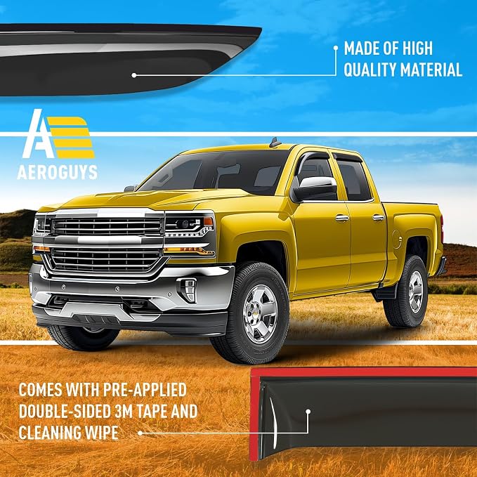 Extra Durable Window Deflectors Tape-On Window Visors Rain Guards Fit for Chevrolet (Chevy) Silverado 1500 2014-2018 Double Cab, Sun Visors, Wind Vent for Shades, Exterior Car Accessories- 4pcs.AG0019