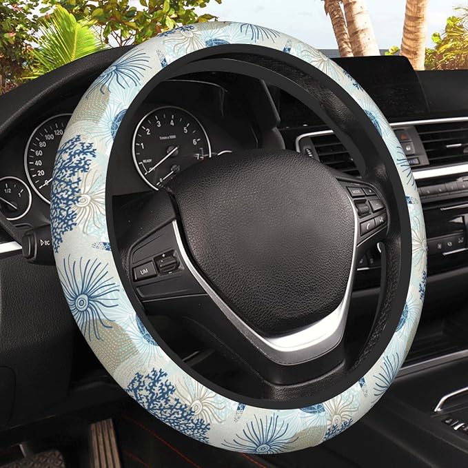 Marine Seashells Steering Wheel Covers Corals Universal 15 Inch Car Wheel Cover,Anti-Slip Breathable Car Accessories Protector Fit for Trucks,Sedans,SUVs,Vans