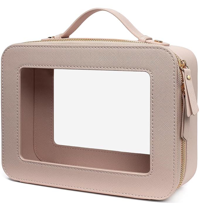 Clear Makeup Bag Organizer,Travel Toiletry Bag Cosmetic Case for Women,Portable Beach Make Up Skincare Pouch Car Organizer Bag with Zippers for Essentials(Large-Nude)