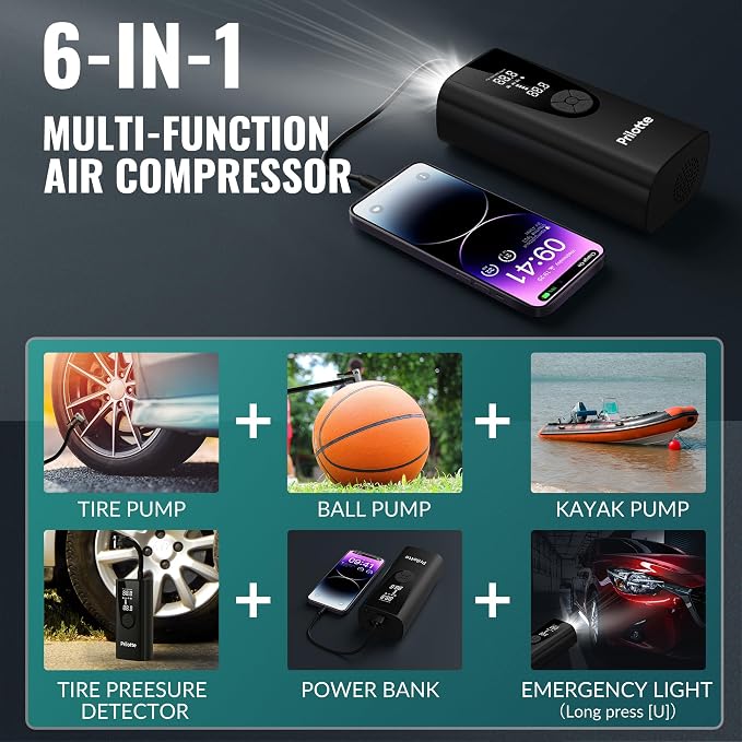 Tire Inflator Portable Air Compressor-Car Tire Air Pump Portable-180PSI Cordless Electric 3X Fast Inflation, Tire Inflator with Gauge, LED, for Bike, Motorcycle, Ball